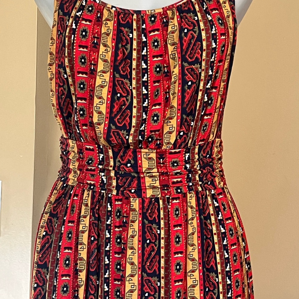 Lucky Brand Red and Orange Ruche Waist Patterned Maxi Dress